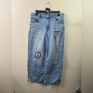 American Eagle Outfitters Light Blue Wide-Leg Jeans with Black Painted Symbols